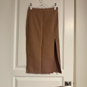 Babaton Camel Brown Midi Pencil Skirt with Side Slit